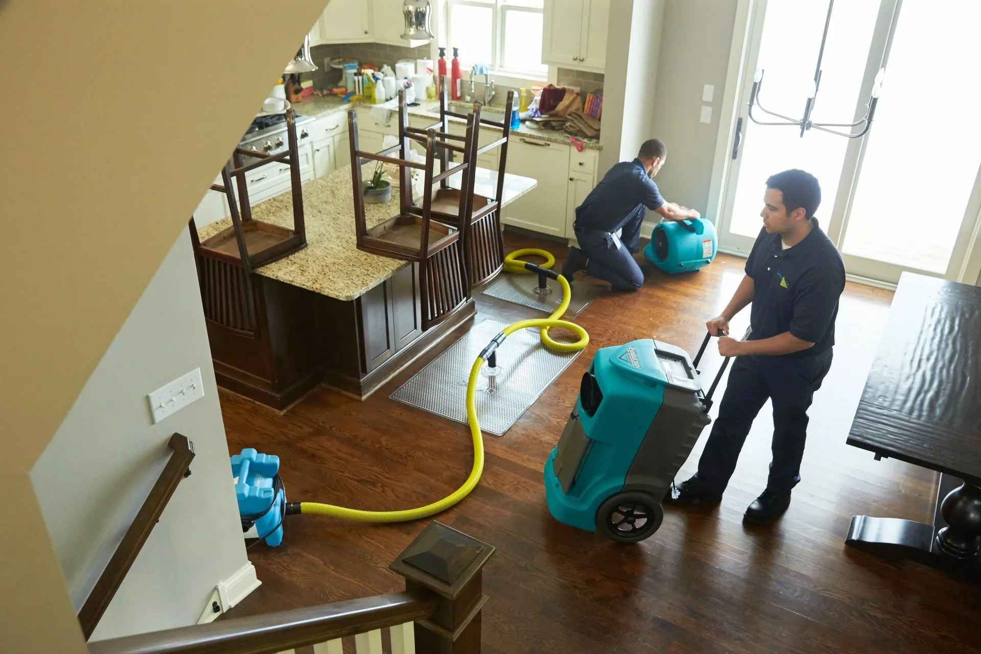 Water damage restoration team at work